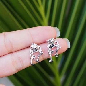 Anthro Micro Retro Cute Frog Gold Silver 3D Hang Animal Pirecing Stud Earrings